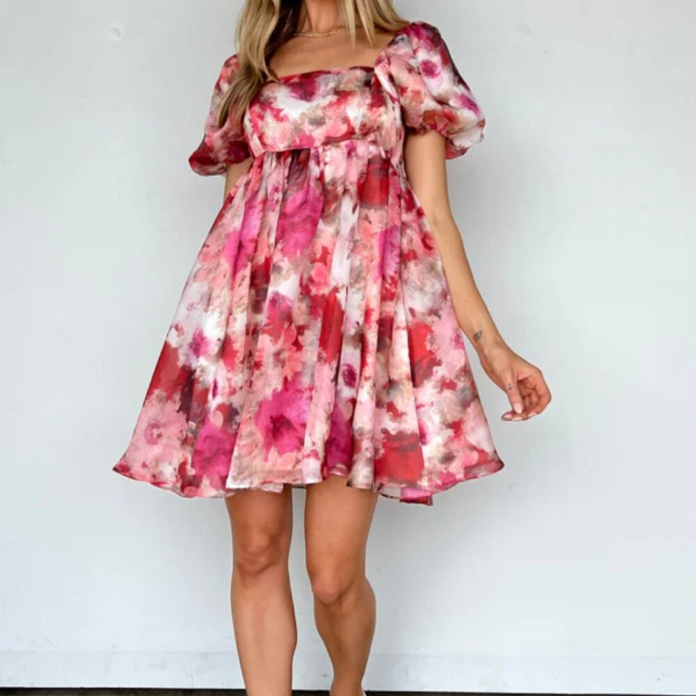 Pink + Red Floral Puff Sleeve Babydoll Dress | Boutique | Size M